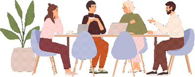 graphic image of people sitting around a table discussing business